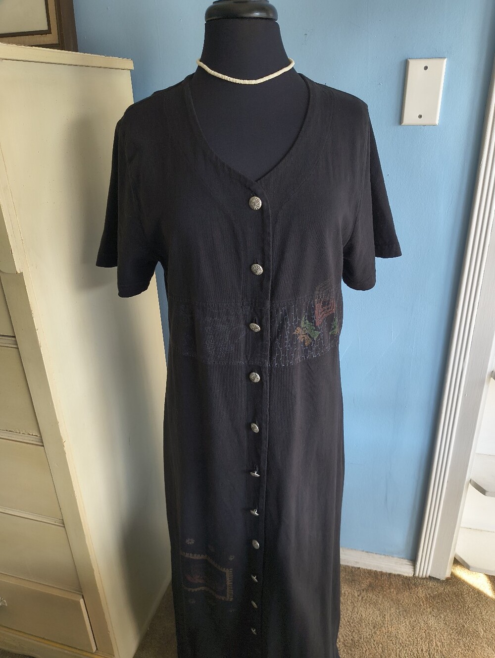 🌵 Vtg. Blue Cactus 100% Cotton Boho Maxi Dress - Picture 4 of 11